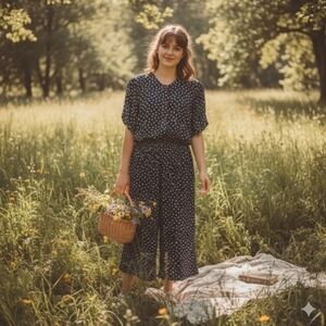 SM 2 Piece Matching Set Vintage Culottes Top Navy White Floral Capris Jumpsuit